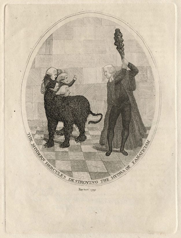 Print. A man wearing a black cloak over a black suit holds up a gnarled club. To our left, a four-legged animal with a dark body has six heads, each of which is a wigged, pale-skinned man.