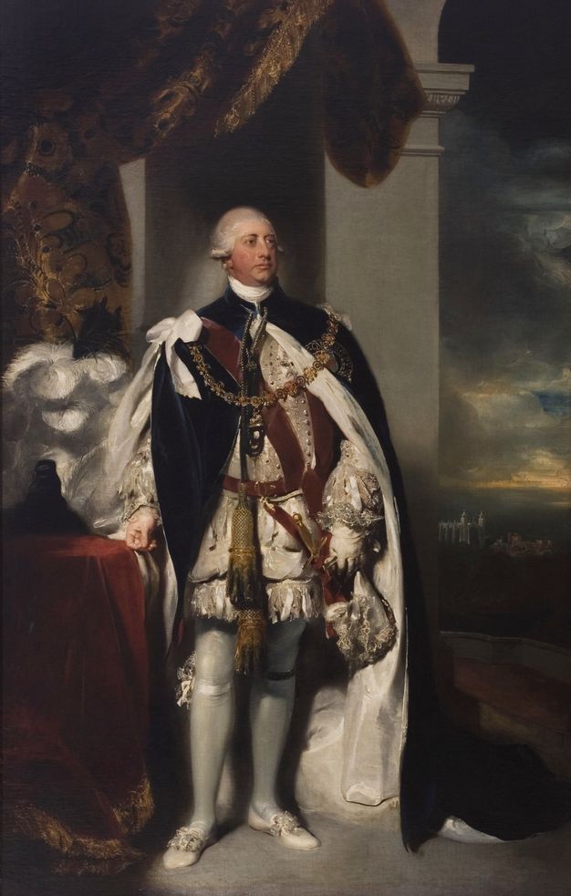 Painting. A pale-skinned, clean-shaven with a long face and drooping lips stands in front of a stone column and looks off to our right. He wears a heavy, white-lined black robe over a shimmering ivory-white suit.