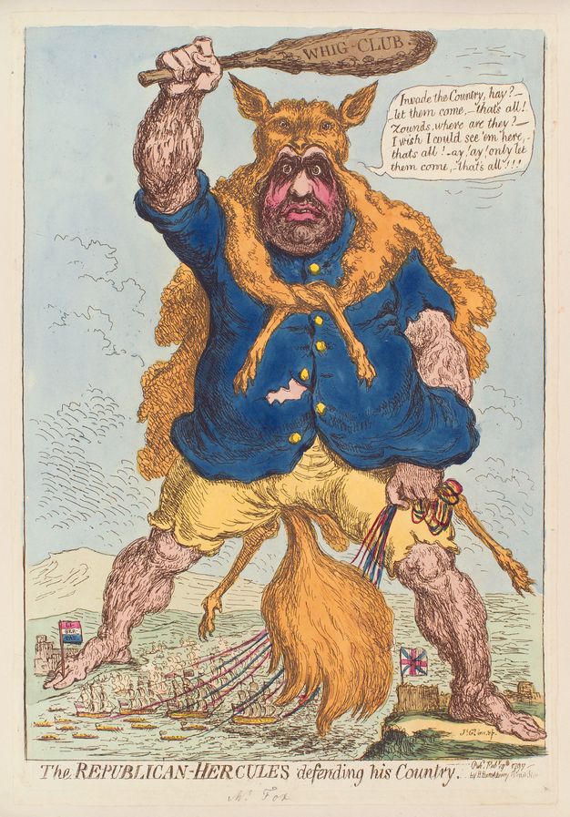 Print. A portly, pale-skinned man with a thick five o'clock shadow and pointedly hairy arms and legs stands astride a body of water in this coloured etching. He holds up a club reading “Whig Club” in one hand and ropes attached to a fleet of ships with the other.