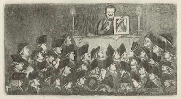 Print. A smiling man holds an auctioneer’s gavel in one hand and a portrait of a bearded man in the other. The head, shoulders, curling wigs, and tricorn hats of around forty men make up an audience below. Each face is different, and most are shown in profile.