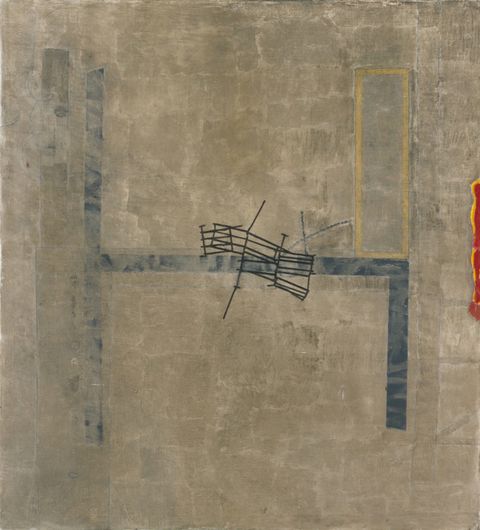 Painting. Black gates are jumbled at the centre of an H-shaped form. Most of the lines are dark blue but the top right line of the H is a yellow rectangle. The background is painted with dashes of oatmeal-brown paint.