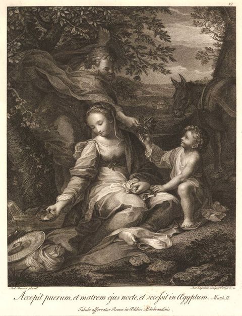 Print. A man, woman, child, and donkey are close to us against a distant landscape next. The woman sits with her legs folded under her, one bare foot peeking out. The child kneels beside her and takes a branch from a bearded man who stands behind.