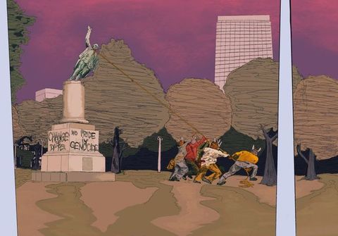 Digital print. In a loosely drawn, cartoonish style, several people wearing masks pull down a statue down from a high plinth. Words spray painted on the base read 'No Pride in Genocide'.