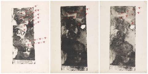 Prints. An etching with aquatint shows a group of people wearing gas masks, their faces turned up to us. The image is repeated three times. The second, centre image is so dark details are hard to make out. The surface seems abraded beyond recognition by the third image. Red radioactive symbols are printed across all three.
