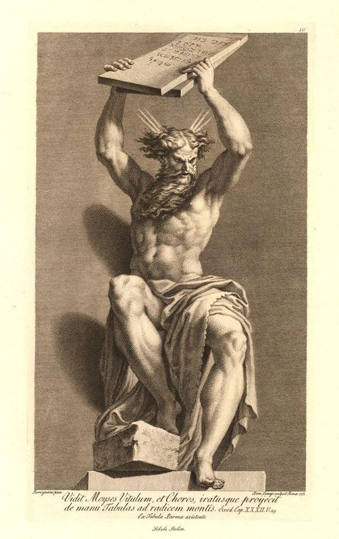 Print. A muscular man holds two tablets overhead. He looks down and to our right with thundering brows, his beard flying. Rays emanate from his wild, curly hair. One foot rests on a broken stone block. A Latin inscription is below.