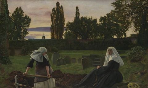 Painting. A woman digs a grave as another sits nearby in a graveyard at twilight in this horizontal composition. Both wear white habits and black robes. The woman digging has rolled up her sleeves and hitched up her outer skirts as she works. The other woman sits with her hands clasped, looking over her shoulder and off to our right.