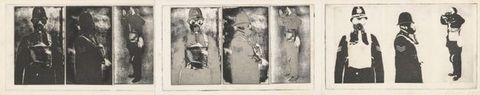 Prints. A row of nine black and white images show the same three images repeated three times. The first image in each trio is of a person wearing a gas mask facing us. They face our right in profile in the next picture, and in the third they lift their hands to their head. The tonalities shift from velvety black to silvery grey across the three sets.