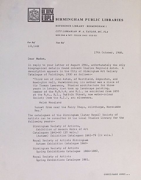 Typewritten document. First of a two-page letter dated '17th October, 1968'. The librarian writes to share information about Charles Reginald Aston'.