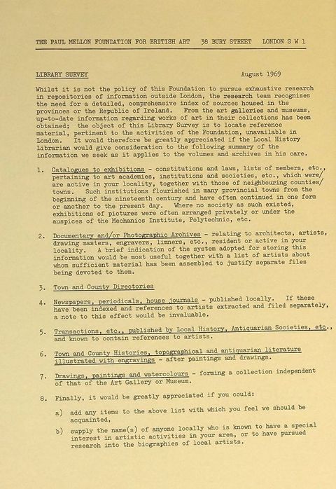 Typewritten document. The page is headed in all caps, reading, 'The Paul Mellon Foundation for British Art 38 Bury Street London SW1'. It is dated August 1969. A request for documentation related to local artists and organizations.