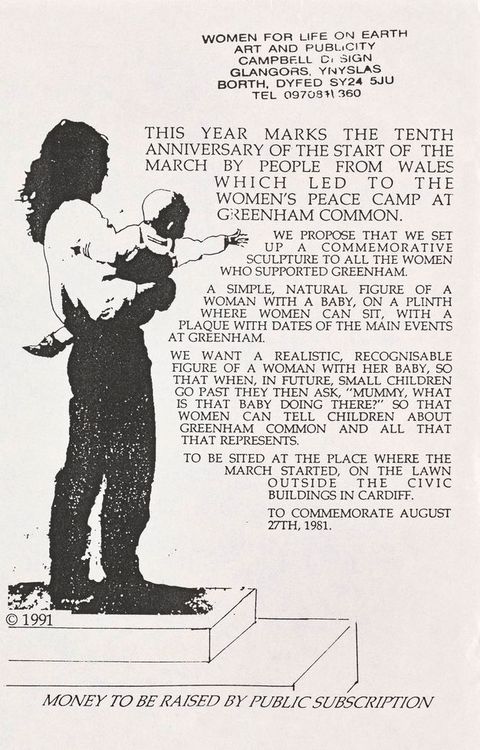 Flier. An illustration shows a woman holding a baby who reaches out. Text next to them begins, 'This year marks the tenth anniversary of the start of the march by people from Wales which led to the Women’s Peace Camp at Greenham Common'.