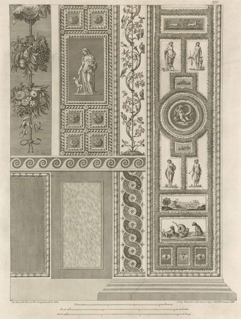 Print. Eight panels and strips of decorative ornament are arranged in a neat grid. They show fruit or flowers, some people and children, animals, or geometric designs.
