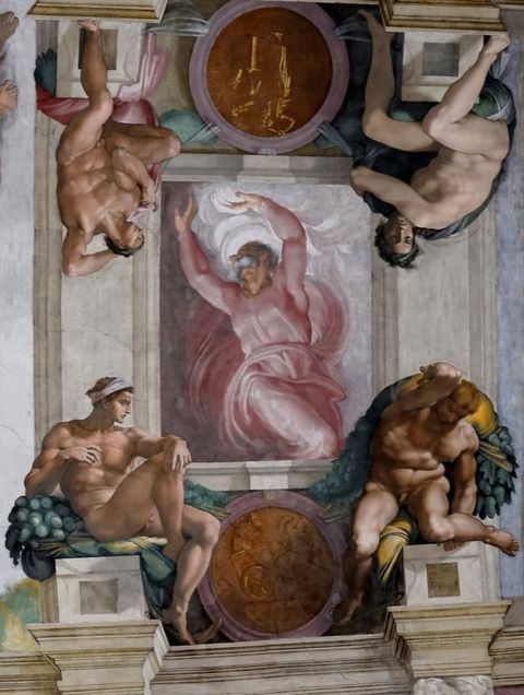 Painting. A grey-bearded man wearing a pink robe, God, divides light clouds from grey. At each corner a muscular, nude man is supported by a block and twists or coils on himself.