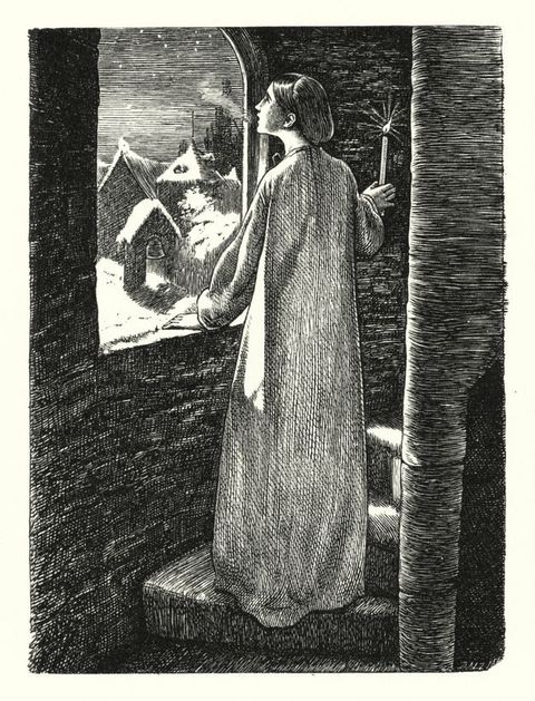Print. A woman wearing a long nightgown stands at an arched window in a spiral staircase and looks onto the snowy night. Her breath shows in the cold, and a candle burns in one hand.