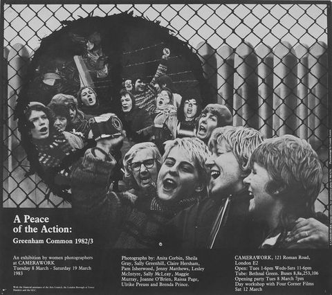 Poster. In black and white, sixteen pale-skinned people seem to pour from a ragged peace sign collaged onto a chain-link fence. Missiles are lined up behind the fence. Text is in white against black along the bottom, and it includes the thirteen names of the photographers included in the show.