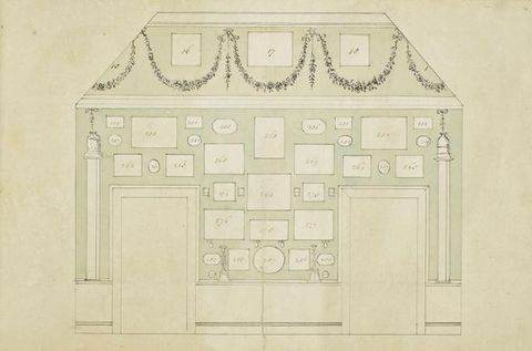 Drawing. Diagram shows the locations of prints affixed to the wall of a room with two rectangular openings for a door or alcove. Each space is numbered.