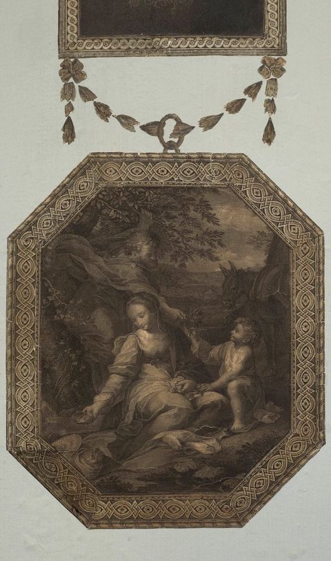 Print. In a hexagonal frame, a man, woman, child, and donkey are close to us against a distant landscape next. The woman sits with her legs folded under her, one bare foot peeking out. The child kneels beside her and takes a branch from a bearded man who stands behind.