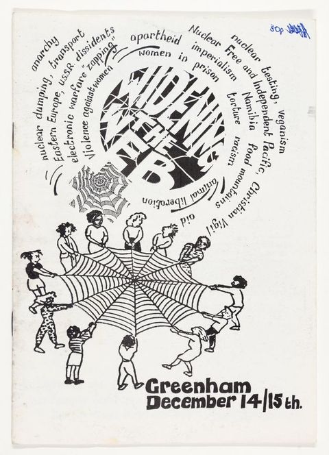 Poster. The title is printed in a circle so the letters swell and shrink to fill the curved edges. An illustration below shows twelve women holding the ends of a spider web. Some of the words printed around the title include, 'anarchy, nuclear dumping, transport Eastern Europe', and 'U.S.S.R. dissidents', among others.