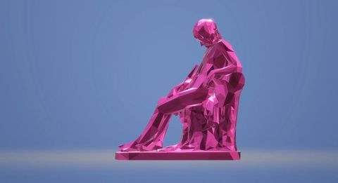 Screenshot. A person sitting with head slumped forwards is rendered in fuchsia-pink facets and planes against a blue background.
