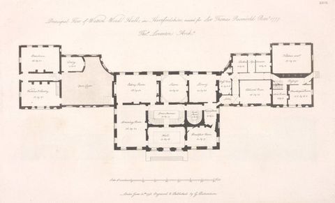 Illustration. A block of rooms at the centre is flanked by wings to each side. Each room is labelled and dimensions noted. Copperplate writing across the top reads, 'Principal Floor of Walton Wood Hall in Hertfordshire, erected for Sir Thomas Rumbold Bar. 1777. Thos. Leverton Archt.' And below, 'London June 30th 1798. Engraved & Published by G. Richardson'.