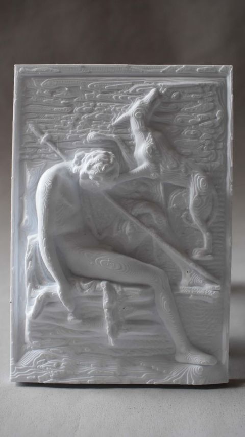 3D printed model. In low relief, a mostly nude young man sits with this head dropped forwards in sleep. One foot is propped up, and a spear rests against that knee and over the shoulder. A dog above the boy turns and looks up, its tail between its legs. Traces of the printing process show as striated layers building up the rounded forms.