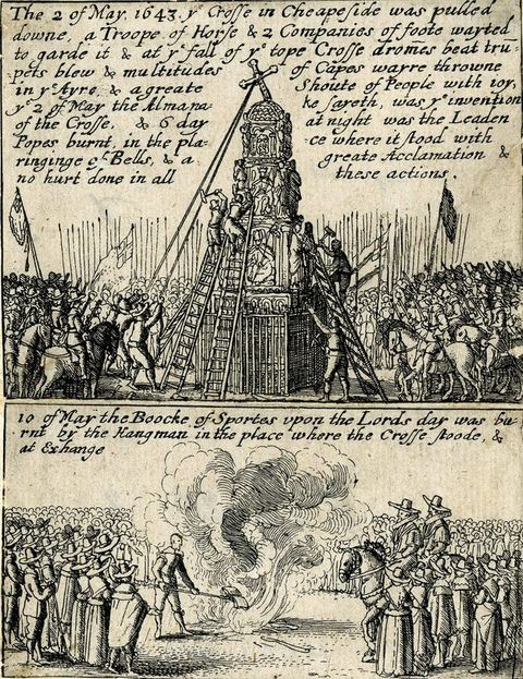 Print. The top of two panels shows a crowd dismantling and pulling down a monument topped by a cross. Books are burned amid a huge, faceless crowd below. Text is across the top of each panel.