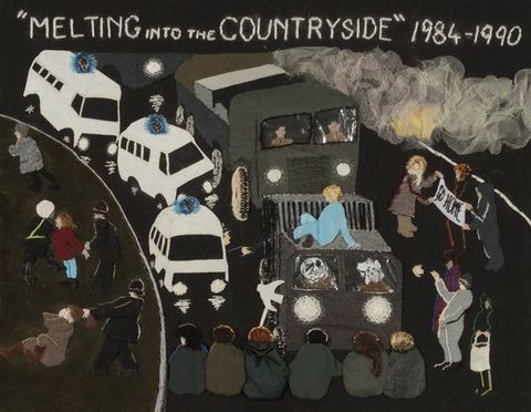 Textile. In a simplified style with blocks of colour, three white emergency vehicles with blue sirens and two armoured vehicles are stopped by a row of six people sitting in the road. Women are handcuffed or pulled by their hair by police to our left. Three people to our right hold up a sign reading 'Go home'.