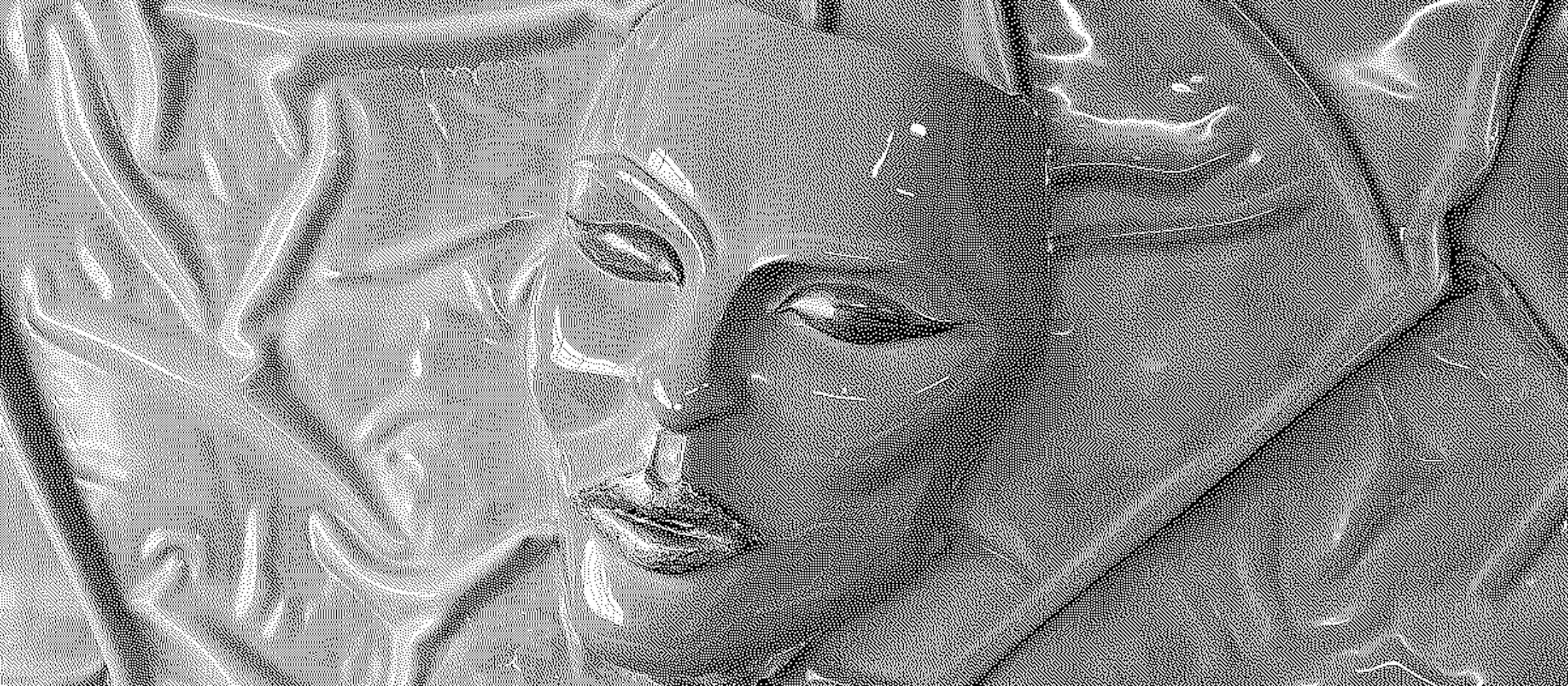 Sculpture. A shiny moss-green mask with high cheekbones, dark eyes, and glittering pink lips appears to sit against a green background veined with lilac purple and hot pink.