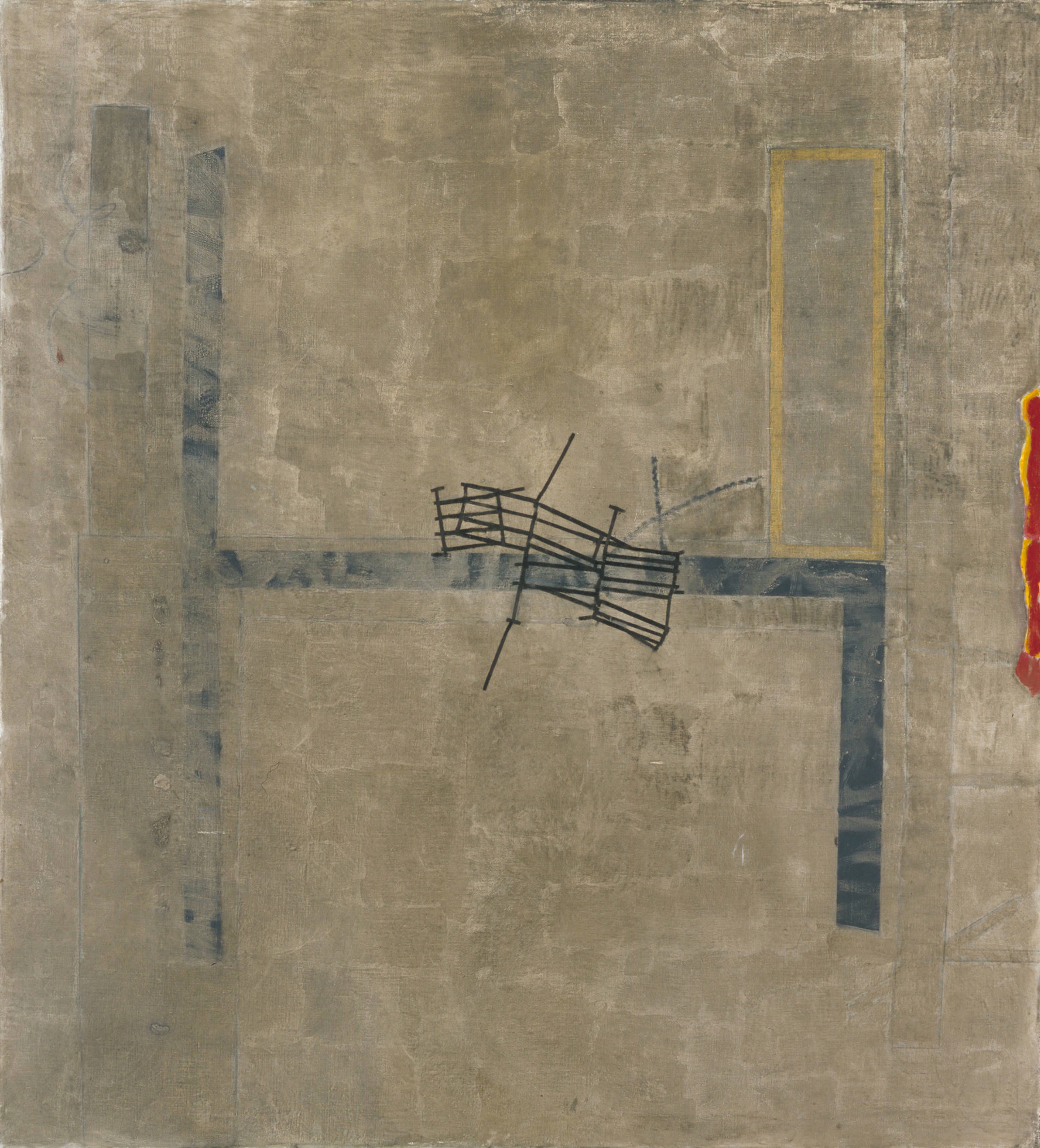 Painting. Black gates are jumbled at the centre of an H-shaped form. Most of the lines are dark blue but the top right line of the H is a yellow rectangle. The background is painted with dashes of oatmeal-brown paint.