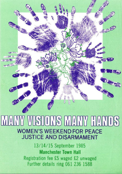 Pamphlet. Four large and four small purple handprints alternate and make a circle against a drawing of purple flowers and green stems on a white square. The rest of the background is spearmint green. After the title, text reads, 'Women’s Weekend for Peace Justice and Disarmament'. More text in green follows.