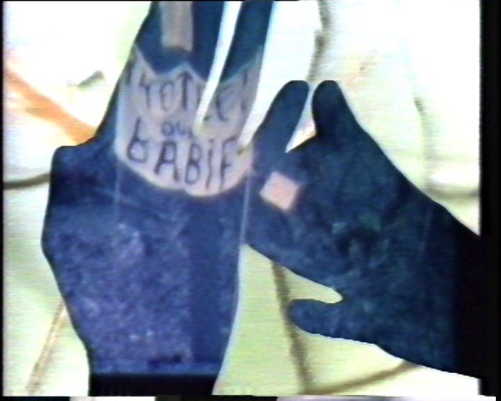 Video still. The silhouettes of two hands are filled with imagery in blue and white. A white banner is visible within the outline of the hands, which overlay a green stem and a spider.