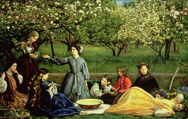 Painting. Eight women stand, sit, or lie under blossoming apple trees. They wear gowns in shades of midnight blue, claret red, smoke grey, pine green, red, black, and canary yellow.