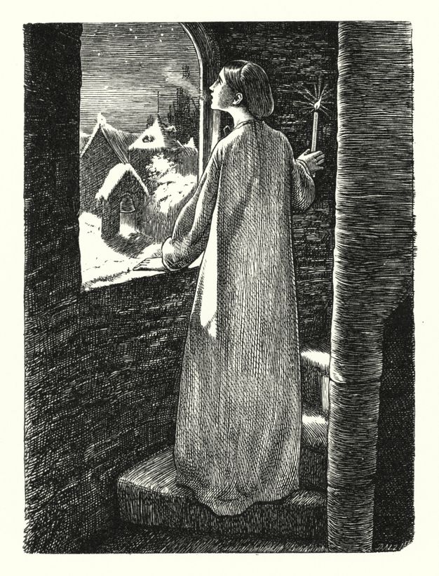 Print. A woman wearing a long nightgown stands at an arched window in a spiral staircase and looks onto the snowy night. Her breath shows in the cold, and a candle burns in one hand.