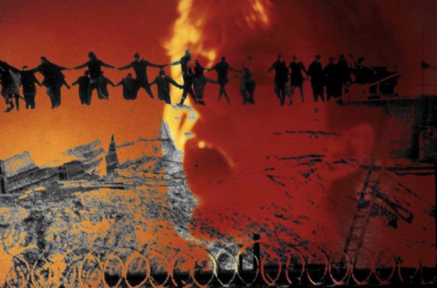 Photomontage. A face of a person with mouth wide open takes up the right half of this composition. It and the background are created in tones of red, orange, and yellow. People holding hands create a line of dark silhouettes across the top, like a string of paper dolls.