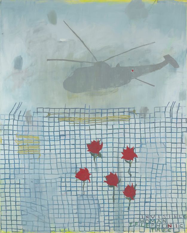 Painting. Against a muted blue background, a grid in darker blue is painted across the bottom half. Five red roses are threaded or affixed there. A silhouette of a helicopter is above. The title is painted with each letter in a square of the grid in the lower right corner.