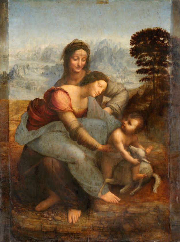 Painting. A woman, Mary, sits on another woman’s lap, Saint Anne, and reaches for the baby Jesus. All three have pale skin, brown hair, and subtle shadows obscure the corners of their eyes and mouths. They sit in front of a deep landscape.