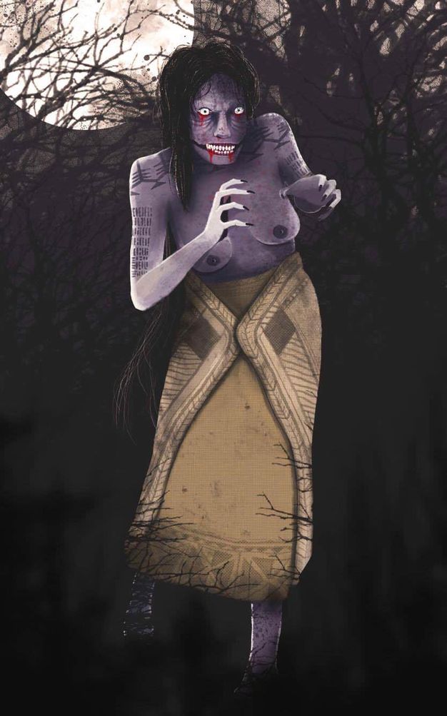 A purple-skinned woman with blood dripping from her wide-open white eyes and from her bared teeth lurches, bare-chested, through a tangled forest. A cloth wraps around her waist and falls to her shins. A moon hangs in the upper left corner.