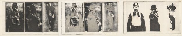 Prints. A row of nine black and white images show the same three images repeated three times. The first image in each trio is of a person wearing a gas mask facing us. They face our right in profile in the next picture, and in the third they lift their hands to their head. The tonalities shift from velvety black to silvery grey across the three sets.