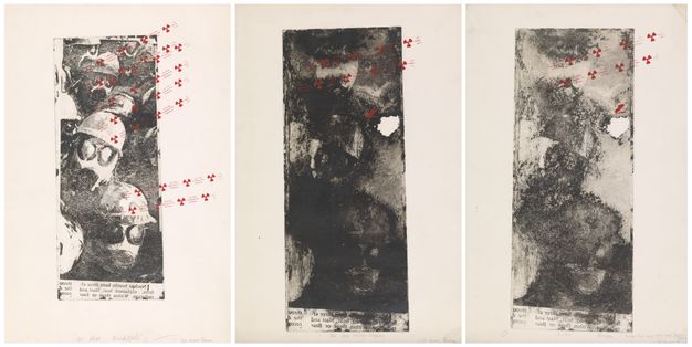 Prints. An etching with aquatint shows a group of people wearing gas masks, their faces turned up to us. The image is repeated three times. The second, centre image is so dark details are hard to make out. The surface seems abraded beyond recognition by the third image. Red radioactive symbols are printed across all three.