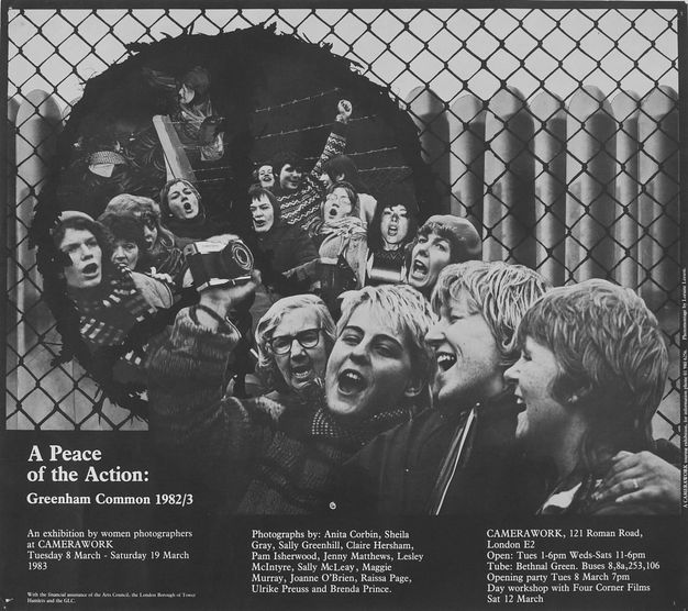 Poster. In black and white, sixteen pale-skinned people seem to pour from a ragged peace sign collaged onto a chain-link fence. Missiles are lined up behind the fence. Text is in white against black along the bottom, and it includes the thirteen names of the photographers included in the show.