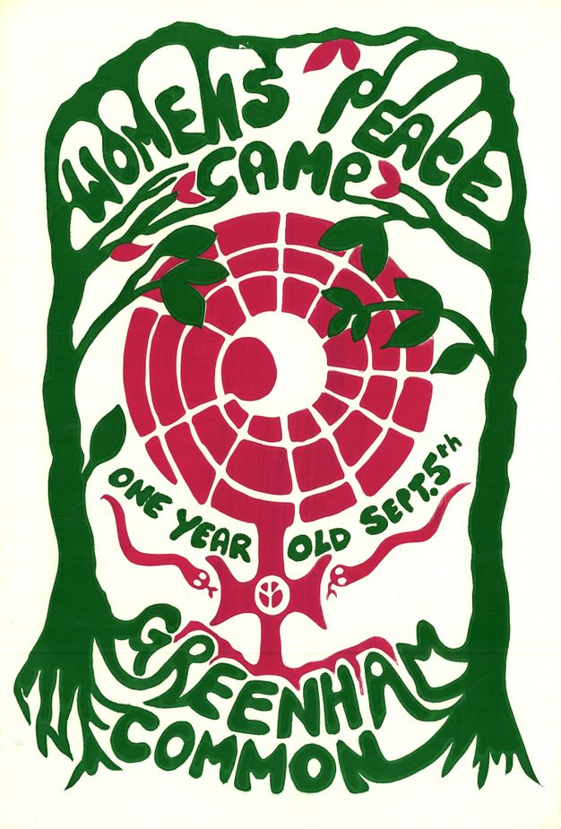 Poster. Printed in green and red, the title appears to be made from branches of two trees that connect to make an arc across the top of the poster. A spiralling spider web, two snakes, and an upside-down peace sign are printed in red down the middle of the poster. Together the red pieces make the symbol for female.