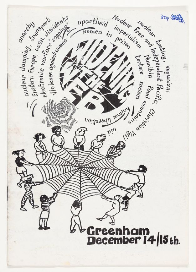 Poster. The title is printed in a circle so the letters swell and shrink to fill the curved edges. An illustration below shows twelve women holding the ends of a spider web. Some of the words printed around the title include, 'anarchy, nuclear dumping, transport Eastern Europe', and 'U.S.S.R. dissidents', among others.