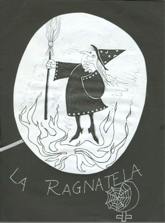 Poster. In a white oval against a black background, a cartoonish witch stands or floats with flames licking near her feet. She holds up a broom in one hand, and looks at it, smiling. The title is written in white below the oval. A symbol for female near the lower right corner has a crescent moon holding a spider web to create the circle.