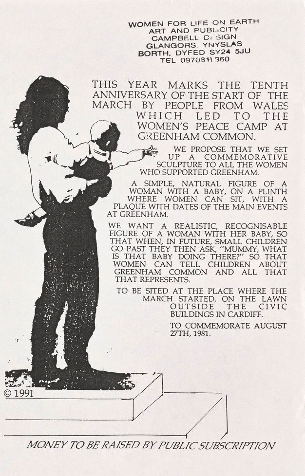Flier. An illustration shows a woman holding a baby who reaches out. Text next to them begins, 'This year marks the tenth anniversary of the start of the march by people from Wales which led to the Women’s Peace Camp at Greenham Common'.
