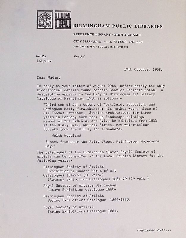 Typewritten document. First of a two-page letter dated '17th October, 1968'. The librarian writes to share information about Charles Reginald Aston'.