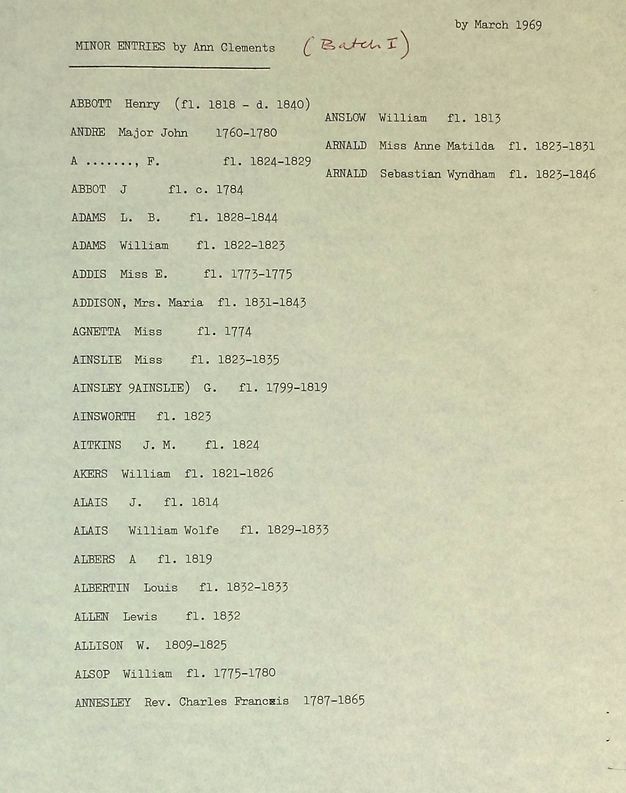 Typewritten document. On green-tinted paper, a document is dated March 1969. Twenty-five names are listed in alphabetical order from 'Abbot Henry (fl. 1818-d. 1840)' to 'Arnald Sebastian Wyndham fl. 1823-1846.
