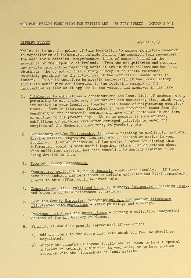 Typewritten document. The page is headed in all caps, reading, 'The Paul Mellon Foundation for British Art 38 Bury Street London SW1'. It is dated August 1969. A request for documentation related to local artists and organizations.