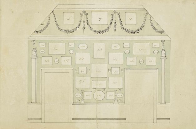 Drawing. Diagram shows the locations of prints affixed to the wall of a room with two rectangular openings for a door or alcove. Each space is numbered.