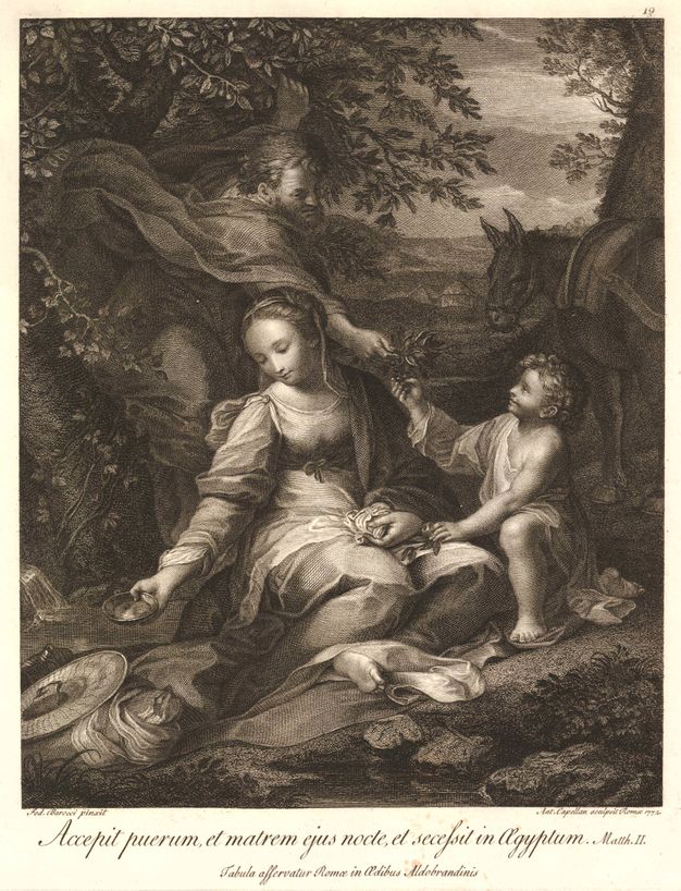 Print. A man, woman, child, and donkey are close to us against a distant landscape next. The woman sits with her legs folded under her, one bare foot peeking out. The child kneels beside her and takes a branch from a bearded man who stands behind.
