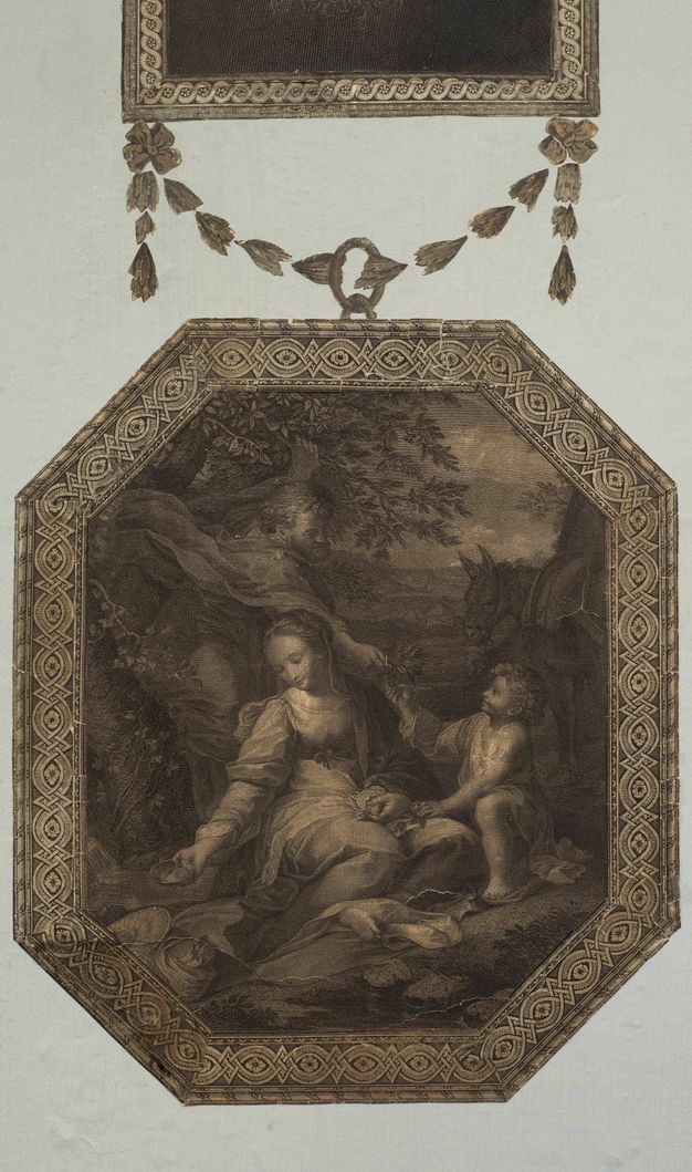 Print. In a hexagonal frame, a man, woman, child, and donkey are close to us against a distant landscape next. The woman sits with her legs folded under her, one bare foot peeking out. The child kneels beside her and takes a branch from a bearded man who stands behind.