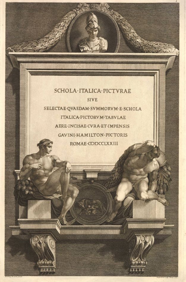 Print. The bust of a helmeted person sits atop a plaque with Latin text that begins, 'Schola Italica Pictvrae'. Two muscular men below twist or writhe on blocks to either side of a medallion showing a wolf suckling two babies.